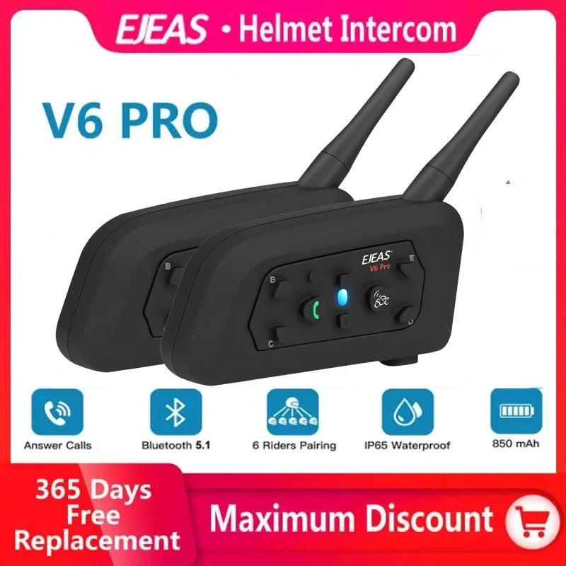 EJEAS V6PRO Motorcycle Bluetooth Helmet Headset Intercom 850mAh MOTO Communicator 1200m Interphone  for 6 Riders