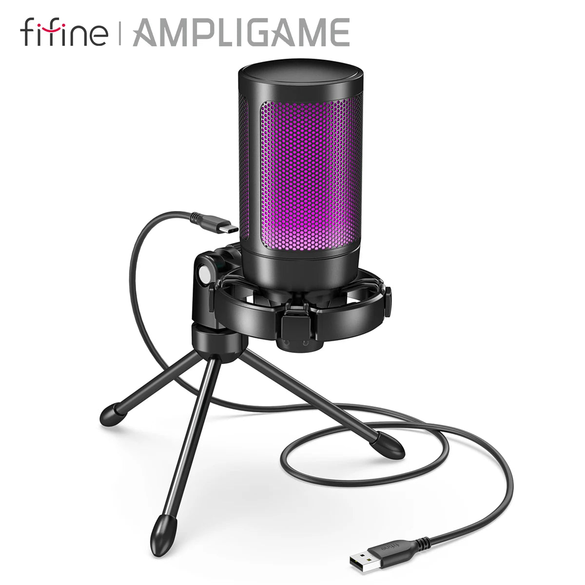 ميكروفون ألعاب USB AmpliGame من FIFINE RGB مع كتم صوت خفيف، ميكروفون مكثف مع حامل ثلاثي القوائم للكمبيوتر الشخصي، PS4/5، البث عبر الكمبيوتر المحمول - A2