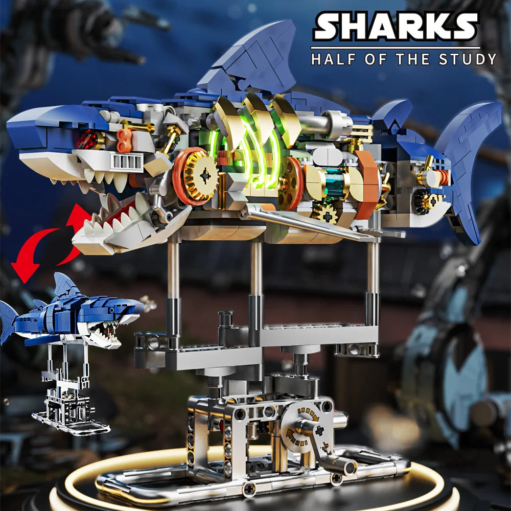 Mechanical Shark Building Set with Display Stand and Lights - Fun Block Gift for Kids and Adults, Perfect for Shark Sea Life Enthusiasts