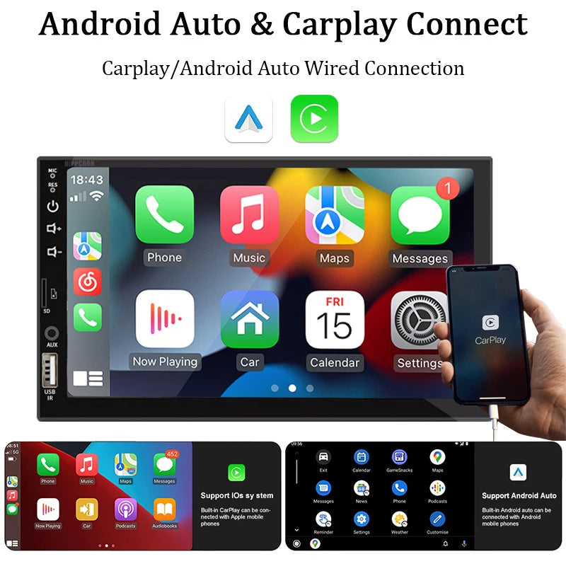 Universal 7" 1 Din Car Radio with Carplay, Android Auto, HD Touch Screen, FM, AUX Input, Bluetooth, MirrorLink - Multimedia Player