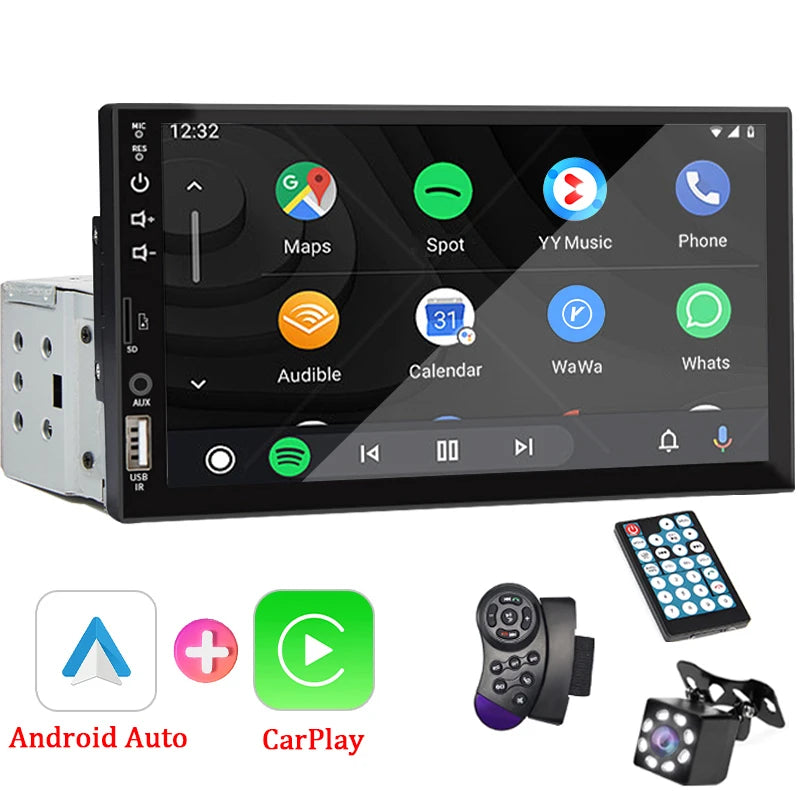 Universal 7" 1 Din Car Radio with Carplay, Android Auto, HD Touch Screen, FM, AUX Input, Bluetooth, MirrorLink - Multimedia Player